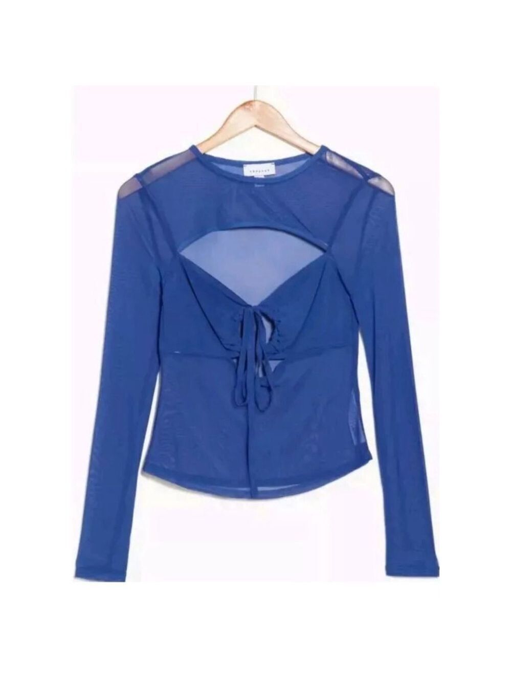 Topshop Cutout Detail Long Sleeve Mesh Top Blue See-through - Picture 3 of 6